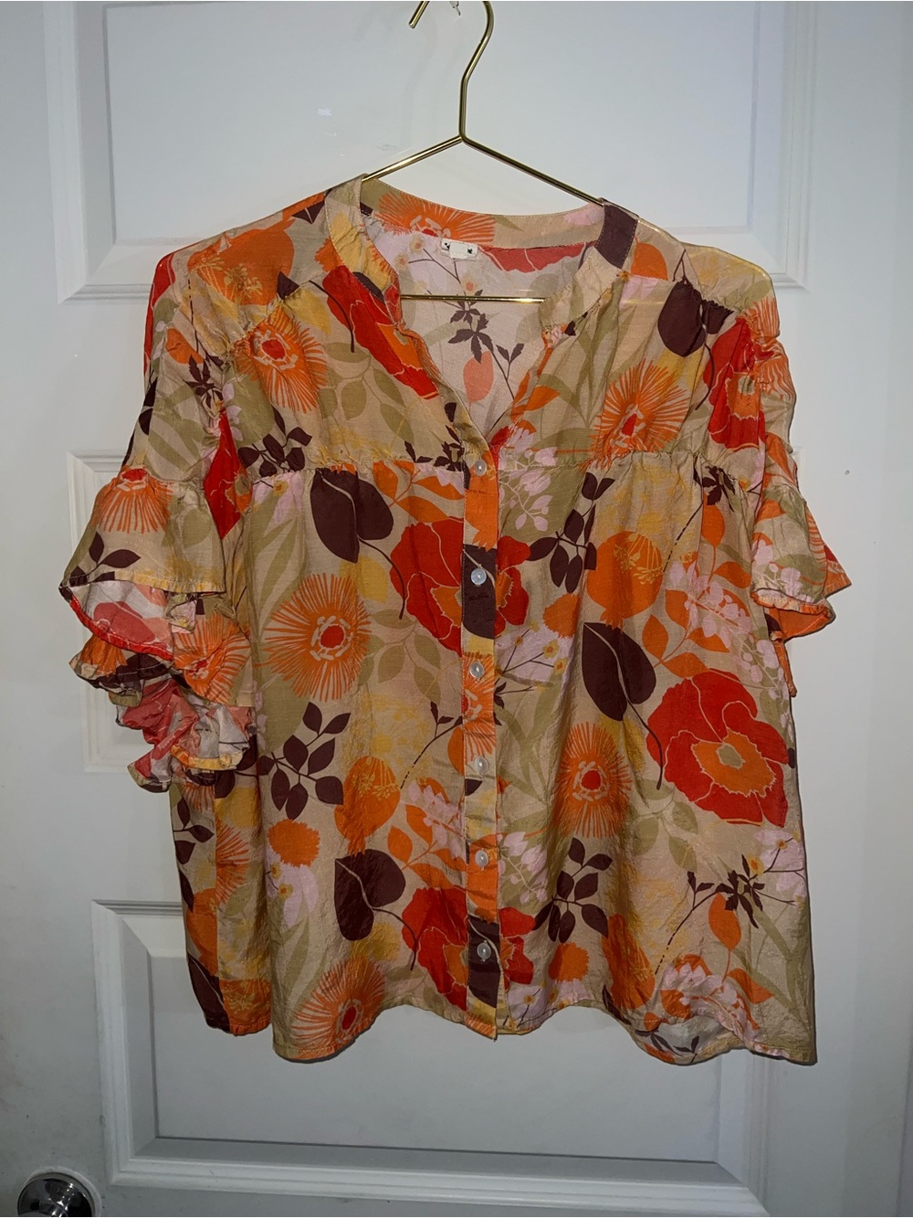 ivy jane Floral Button-Front Ruffle Sleeve Blouse in Orange, Brown & Cream